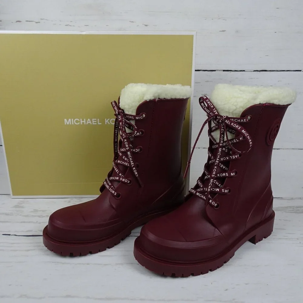 MICHAEL Michael Kors Women's Montaigne Rain Boots Faux Fur Logo Dark Berry New 6